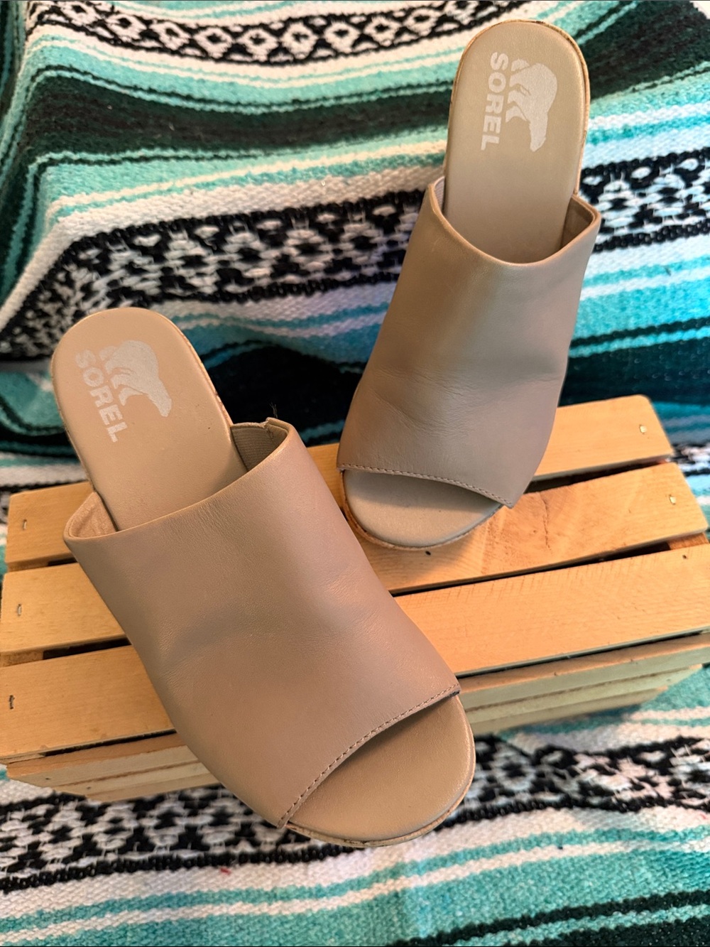 Sorel Taupe Leather Cork Wedge Slide Sandals